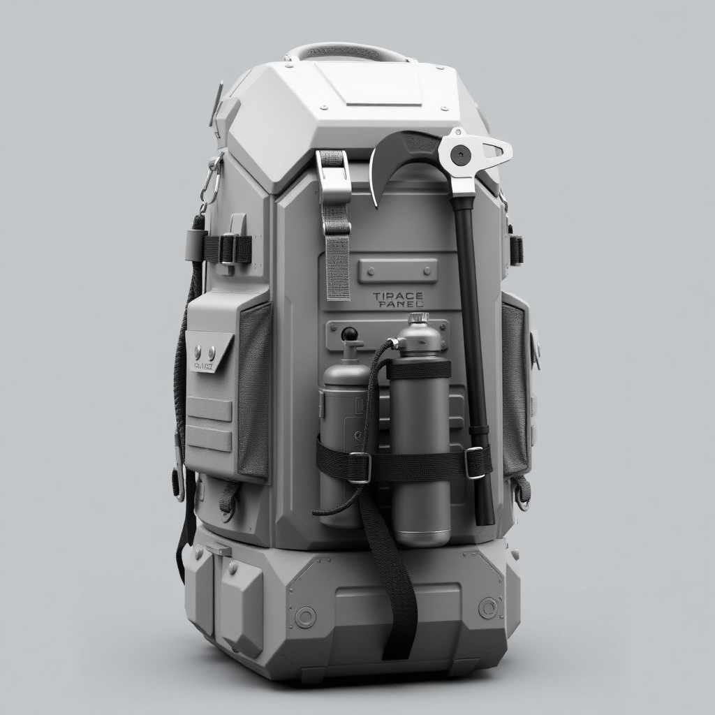 This is an armored light gray backpack designed for extreme conditions and tactical operations. Its base is made of durable, impact-resistant material, with clean geometric lines that emphasize its functionality. Tactical pockets and fastenings are located all over the surface, giving the backpack a high-tech, battle-ready look.

On the left side, a reliable rope is coiled, carefully secured with a carabiner, hinting at readiness for any kind of rescue operations or difficult climbs. On the right, an ice ax is attached - a powerful tool, secured in a way that can be quickly removed at the right moment. At the bottom of the backpack, an oxygen tank is fastened with strong straps, as if for mountain climbing or survival in thin air. All elements are harmoniously combined with the armored surface, creating the image of a backpack that not only protects equipment, but also becomes an essential tool in an emergency.

This backpack concept conveys a sense of reliability, strength and complete readiness for extreme adventures, where every element has a practical meaning and complements the overall style.