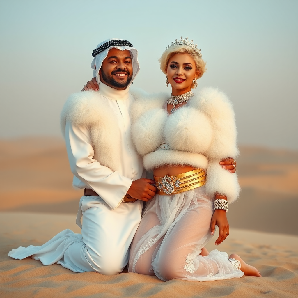 Kuwait desert dunes misty dawn: Melissa, European 17 years old very convincing femboy “trophy-bimbo”, tamed servile docile, very beautiful feminine flawless face, rather short boyish figure, platinum blond short tight curls, bold red lips, heavily made-up face, wearing Supertanya-style fluffy very fuzzy bright white angora turtleneck-poncho cropped ending under bust decorated with pearls and gemstones, striking oriental wide gold bridal protection belt, white fully transparent harem pants, full Oriental bridal jewelry with striking headpiece, full Oriental face-jewelry, striking diamond “$$$” letter brooch on left chest, pout frustrated, hands tied behind back, kneeling in sand with older overweight mighty sheik laughing, devotedly embracing Melissa.