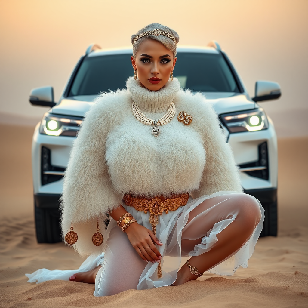 Kuwait desert dunes misty dawn, full size luxury SUV: Melissa, European 17 years old very convincing femboy “trophy-bimbo”, tamed servile docile, very beautiful feminine flawless face, rather short, by hormones very curvaceous womanly figured, platinum blond short tight curls, bold red lips, heavily made-up face, wearing Supertanya-style fluffy very fuzzy bright white angora turtleneck-poncho cropped ending under bust decorated with pearls and gemstones, striking oriental wide gold bridal protection belt, white fully transparent harem pants, full Oriental bridal jewelry including headpiece, white transparent harem-style alluring face veil covering noose and mouth, coin anklets, striking diamond “$$$” letter brooch on left chest, pout frustrated, hands tied behind back, kneeling in sand in front of SUV, looking at camera. Focus on face and turtleneck-poncho.