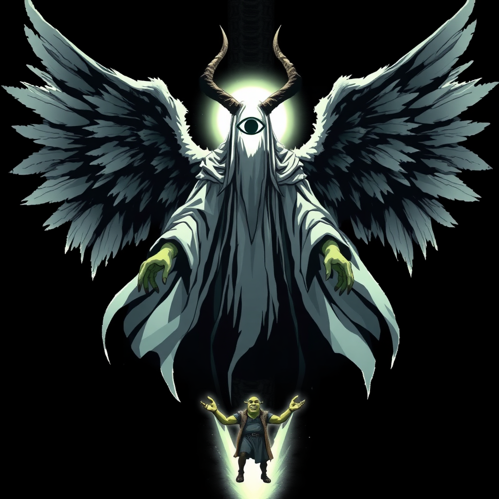 (Anime Pixel-styled art) Black background, a haunting godly-powerful angelic figure known as Yaldabaoth, the Demiurge, hovers ominously in mid-air. His tall, ghost-like form exudes a spectral presence, draped in flowing white-and-black robes that billow with an ethereal energy. His entire face is veiled by a strange and eerie, pure white circular light, from which a single eye looking down symbol glows faintly in its center, casting an unsettling aura. Four large, menacing horns crown his head, giving him an air of divine yet terrifying power. Behind him, four angelic wings, majestic and shadowy, spread wide—simultaneously invoking grace and fear. His outstretched hands seem to beckon with an unknown purpose, completing his full-body, otherworldly presence in the dark expanse, Shrek is down below yelling for help as white-light consumes him.