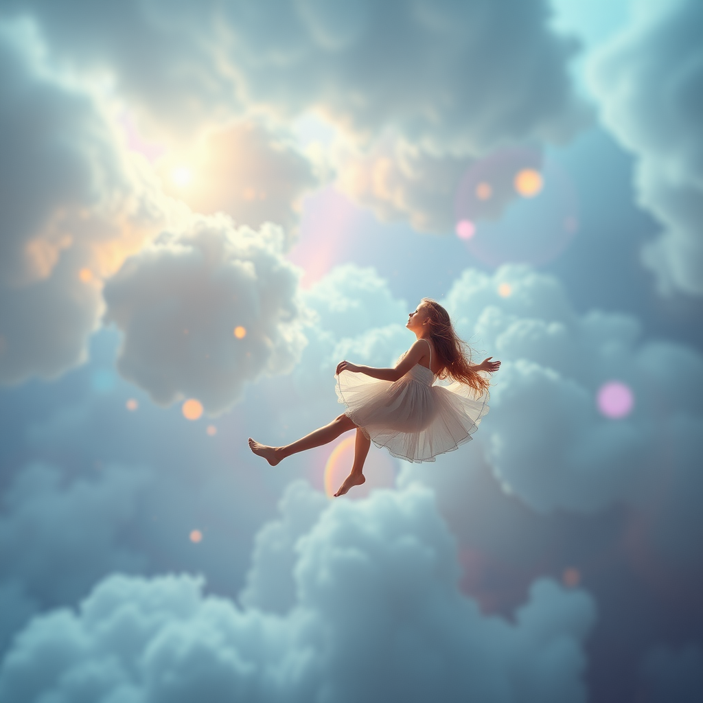 mandelbulb clouds, Low Key Lighting, dreamscape, nebula, Bokeh, abstract, brilliant colors, glittering, translucent, iridescent, glowing, artistic photo, panoramic, airy, original, experimental, fractal, generative art, calm, cinematic shot, opal, gold, preteen girl floating