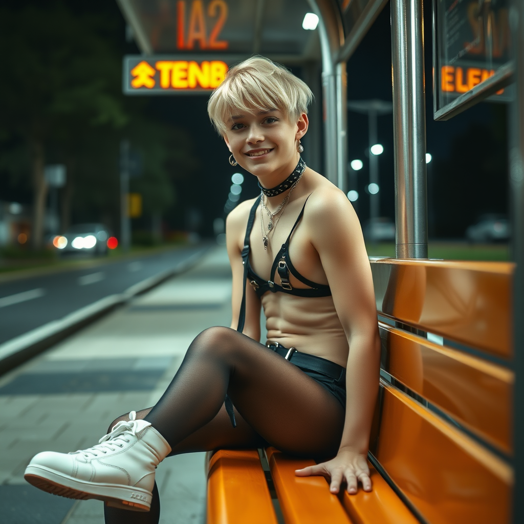 photorealistic, ultra high resolution, 16K, surreal fantasy, studio lighting, a pretty 16 year old goth boy, slim male physique, short blonde hair, goth makeup, earrings, pantyhose, harness, spikey dog collar and leash, trainer-bra, white ballet shoes, sitting on a bench at the bus stop, excited smile, facing the camera.