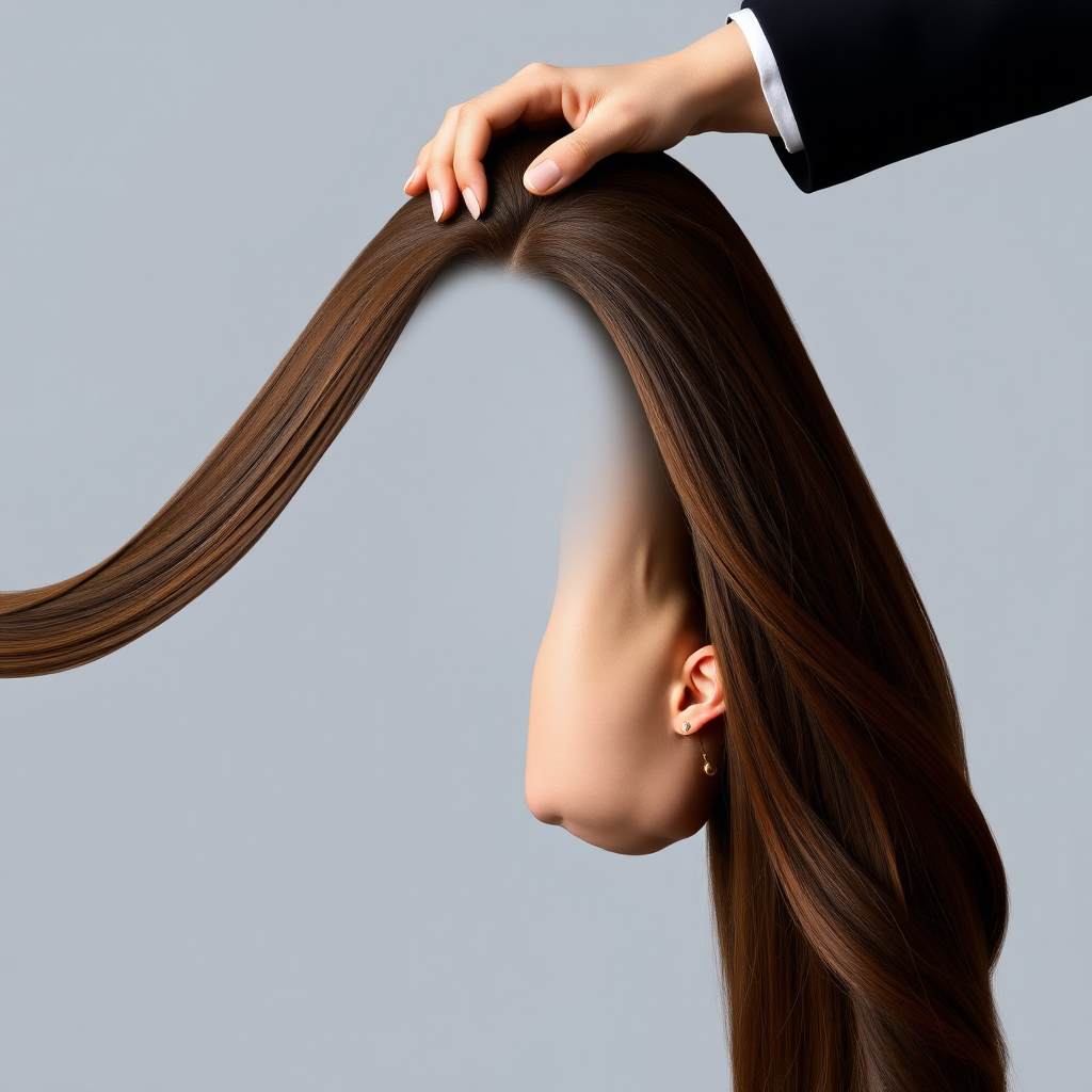 A surreal image of the beautiful disembodied head of a very long haired Kate Middleton. A hand is grasping the ends of her hair at the top of the frame while her head is hanging down from the other end. Plain gray background.