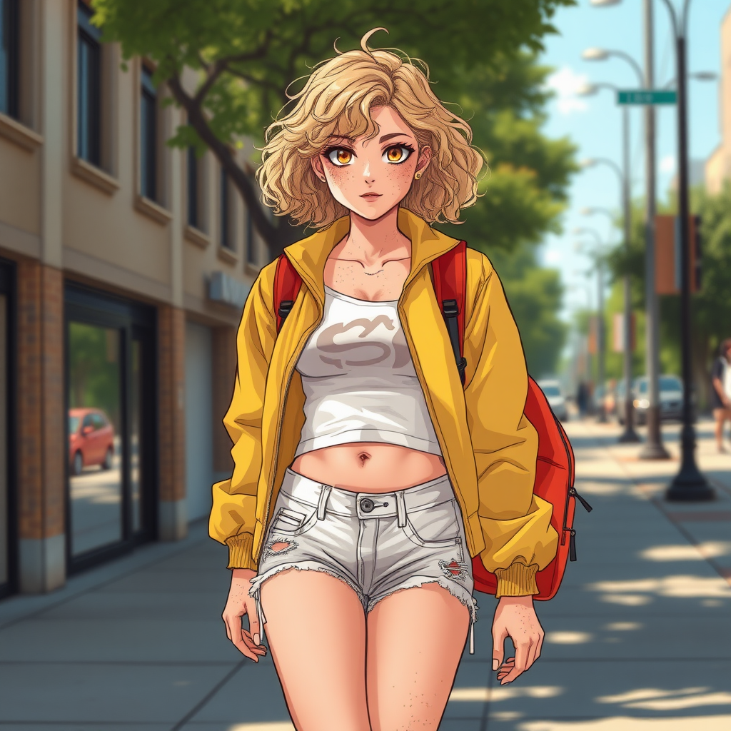 Realistic drawing style image, Extremely good quality 8k resolution drawn manga image of a 15 year old petite and short tomboy girl with golden blonde curly hair with mixed and different colored eyes for each eye and moles on her entire body and is a white American girl, Has on a Gold Jacket over a white extremely short crop top only covering her breasts and nothing more with a design on it, and has on ripped shorts and cool looking sneakers and a deep and big knife cut wound on her stomach from a huge injury she had, with a bright color backpack, ear piercings on, walking on the street to school in the morning with the beautiful sunlight lighting up her body beautifully with no tattoos.