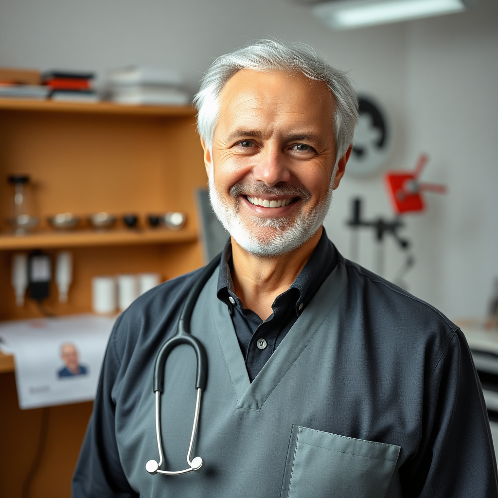 a 57yo swiss doctor, very reliable look,on his studio,nice smile,really professional look