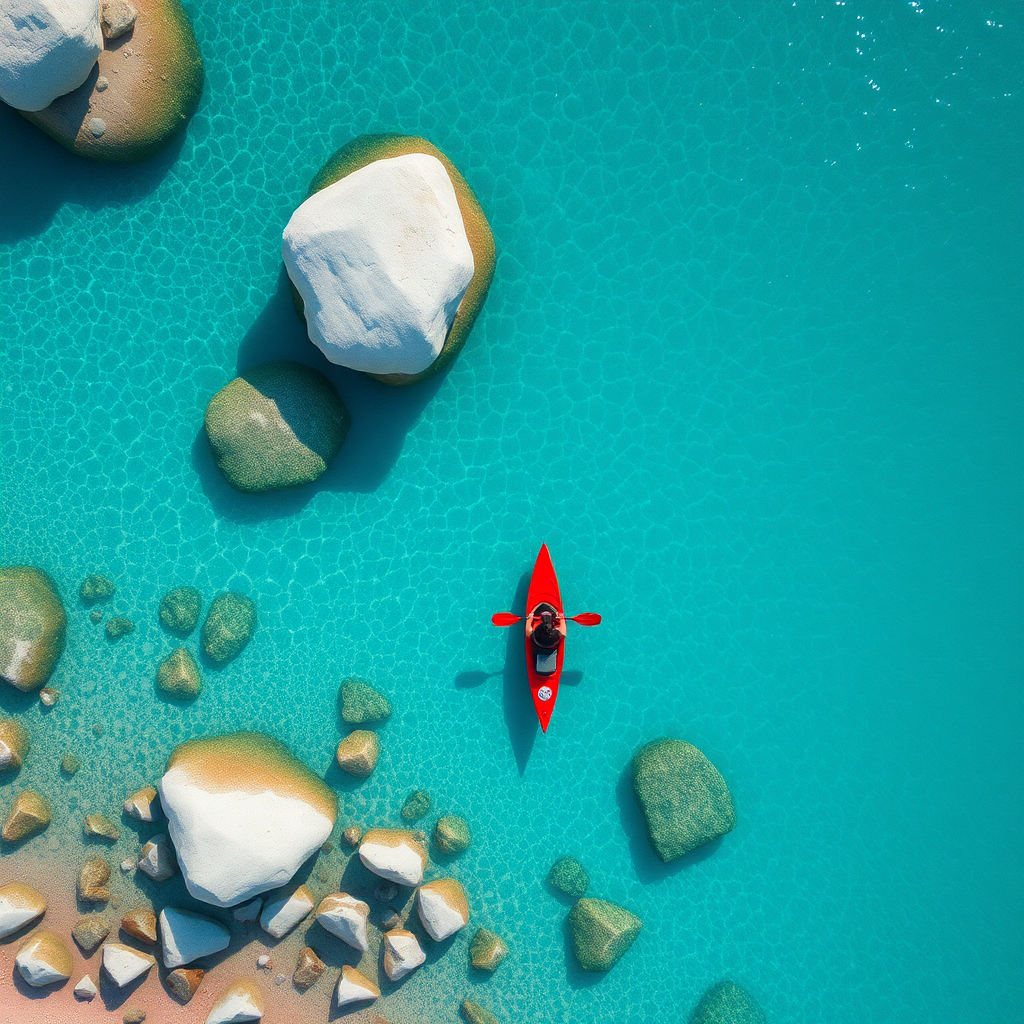 An aerial photo of a kayaker paddling through crystal-clear turquoise waters. The kayaker is in a red kayak and is surrounded by large, smooth, white rocks. The water is shallow and the bottom is visible, revealing a sandy bottom with scattered rocks. The scene is tranquil and serene, showcasing the beauty of nature. Hyper-realistic, intricate, elaborate, drone photography, 8K, UHD, HDR.