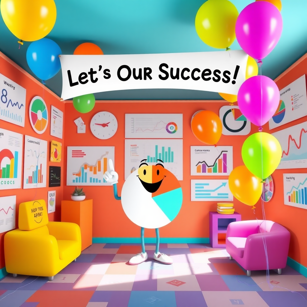 An imaginative scene of a colorful room filled with various charts on the walls, depicting exciting data trends, with a character enthusiastically pointing at a pie chart while surrounded by bright balloons and a banner overhead reading, "Let’s Map Our Success!"