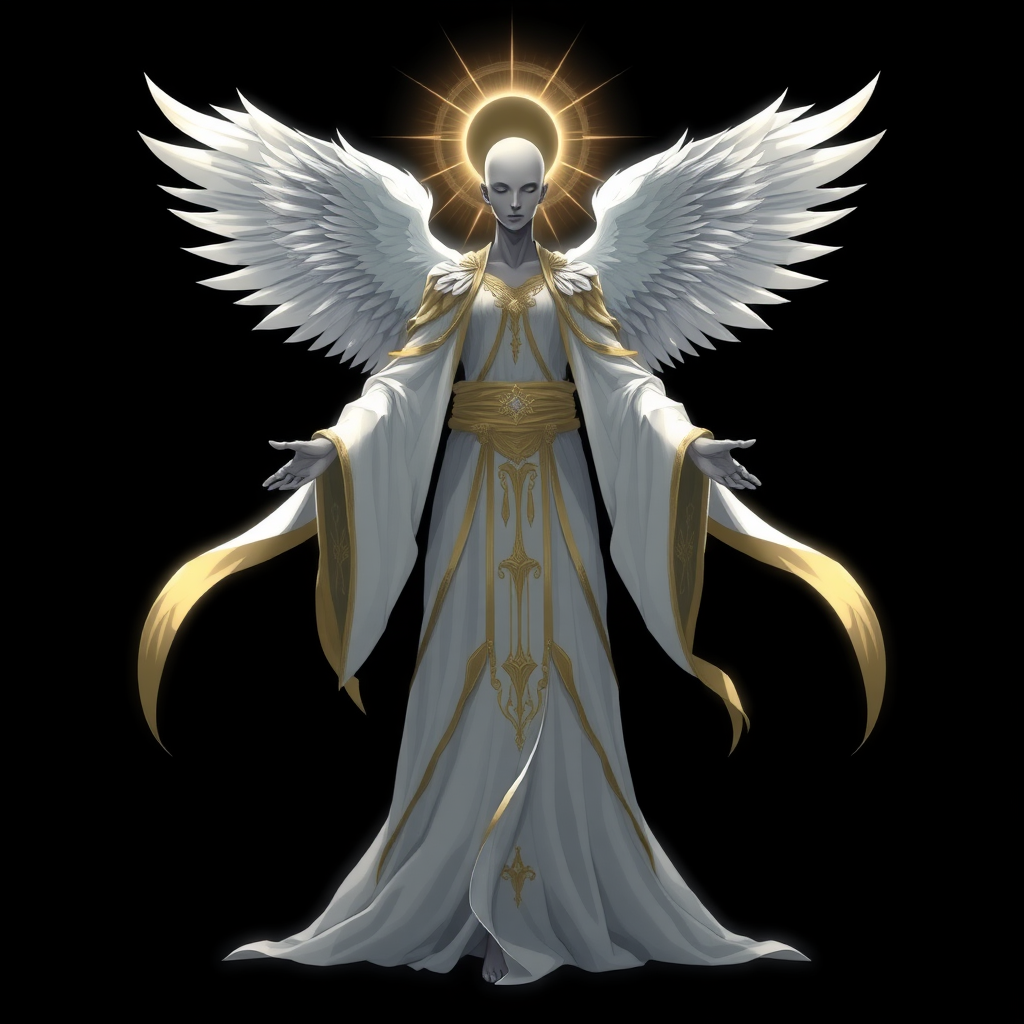 (Anime-styled art)  
Set against a deep, black background, a mysterious and godly being stands, radiating an aura of divine power. The figure is faceless, with smooth, grey skin that adds to its enigmatic presence. It is adorned in flowing white and gold robes, intricately detailed and illuminated by a soft, ethereal light. The being’s arms are outstretched, as if offering both guidance and judgment.

Two large, majestic white wings extend from its back, gracefully spread wide, while two smaller wings rest gently below them, adding a layered elegance to its celestial form. The entire composition evokes a sense of holiness and mystique, capturing the viewer's imagination with its serene yet powerful presence.