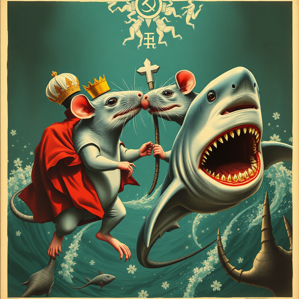 A rat wedding being attacked by hammerhead sharks, Catholic, Soviet propaganda poster, no text, Lovecraftian, in India