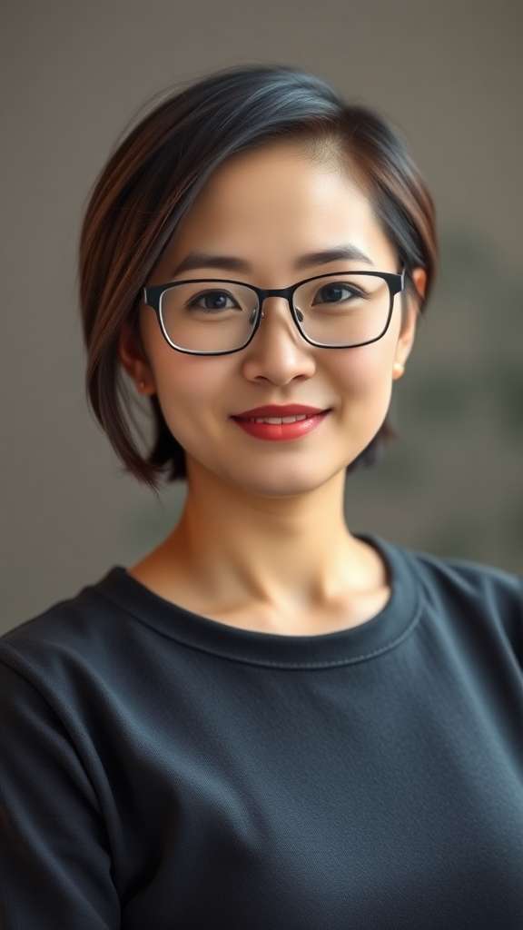 A beautiful Chinese woman, 30 years old, with short hair, wearing glasses, a full figure, and a small chest.