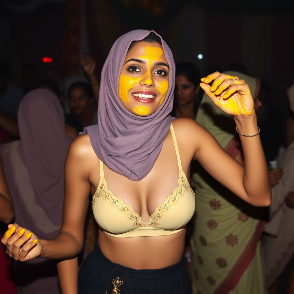 A skinny, 30 year old Indian wife with hijab, wearing a bra and skirt. Her face is covered with turmeric face mask. She is dancing in a party.