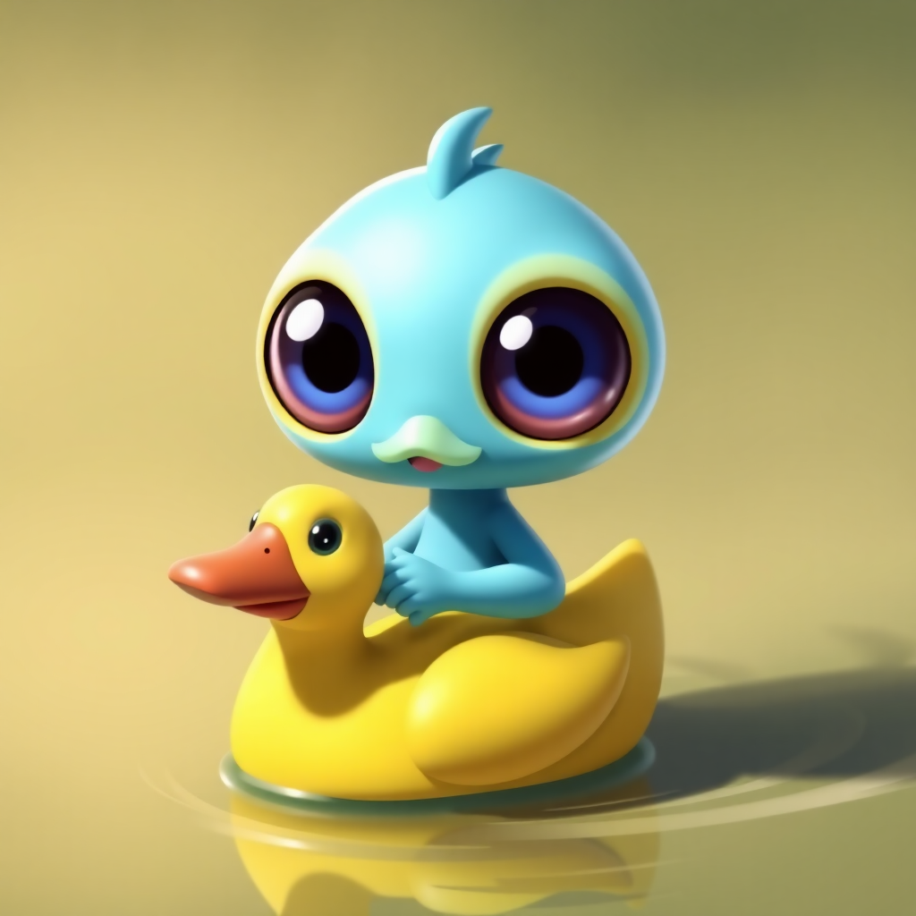 mew 2 with huge eyes riding a duck