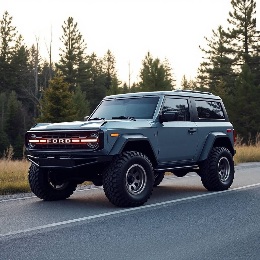 Concept Ford Bronco the 4x4 car is parked on the side of the road, inspired by Taiyō Matsumoto, tumblr, restomod, nd4, c4