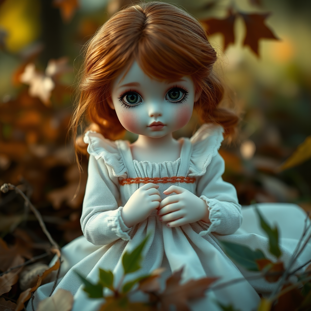 ooak art doll playing with her dress in nature, shy flirting with the camera, head tilted, questioning look, bisque doll, artist doll, realistic doll, life-like porcelain doll, symmetric, original, unique personality, dynamic, cinematic scene, centered, depth of field, low key lighting, preteen ginger girl, balanced colors, autumn, stunning eyes, matte texture