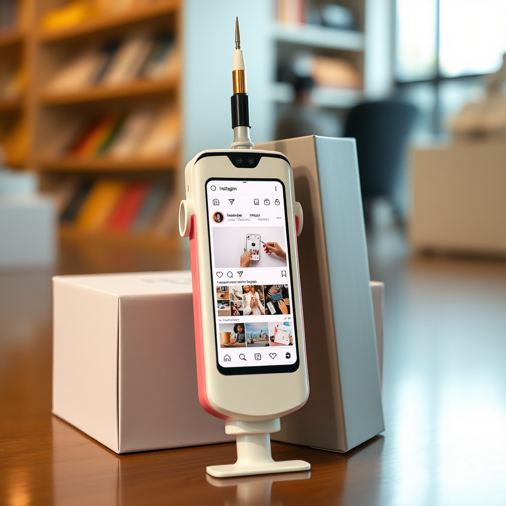 A close-up straight front view of a mobile phone in a shape inspired by a syringe, white pink futuristic, kept for sale leaning against a box, in a showroom, metallic body, touchscreen phone with an Instagram page open on the screen, needle on top, whitepunk.