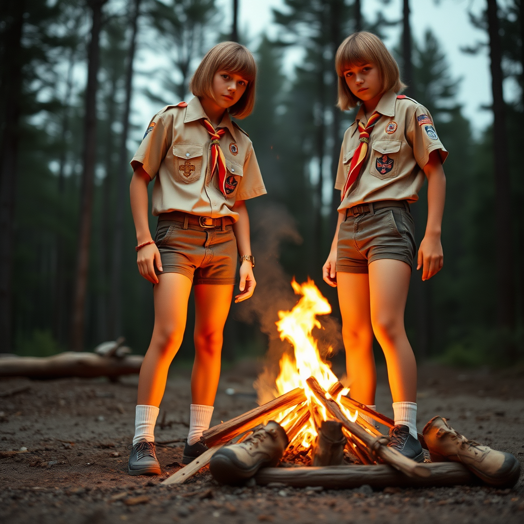 two tall 14yo teen boys, long hair bob cut, wearing American boy scout uniform with uniform matching very tight booty shorts, tube socks, shoes, long legs, narrow thighs. setting a campfire. full-length view. 1980s. photorealistic, ultra high resolution, 16K, Negative: grainy, blurry, bad anatomy, extra limbs, watermark.