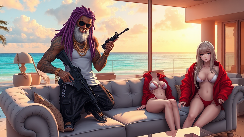 A high-quality anime art Scene, A White thug male with purple-dreadlocks standing on top of a sofa, golden grills, holding 2 ak-47s, in a modern-day mansion outside in miami beach, there are two white girls, long blond hair, with micro-bikinis and g-strings next to him wearing red-bape hoodies