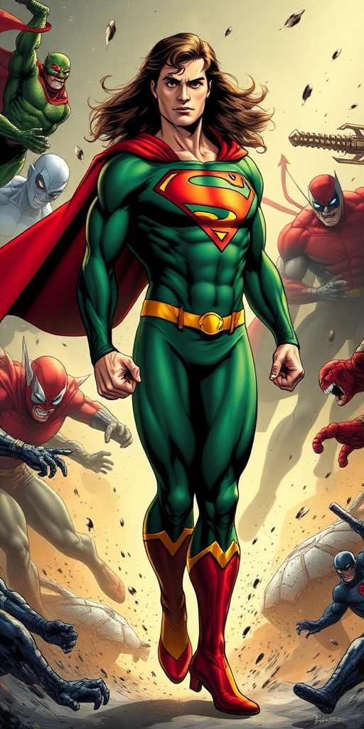 Create a full-length image of Superman transformed into Rogue from the Marvel Universe, post-cosmic wave accident. Depict him mid-battle, confused, looking at his new feminine physique, wearing Rogue's classic green and yellow bodysuit. Surround him with Marvel villains in a chaotic battle scene, leaving no time for adjustment to his new form.