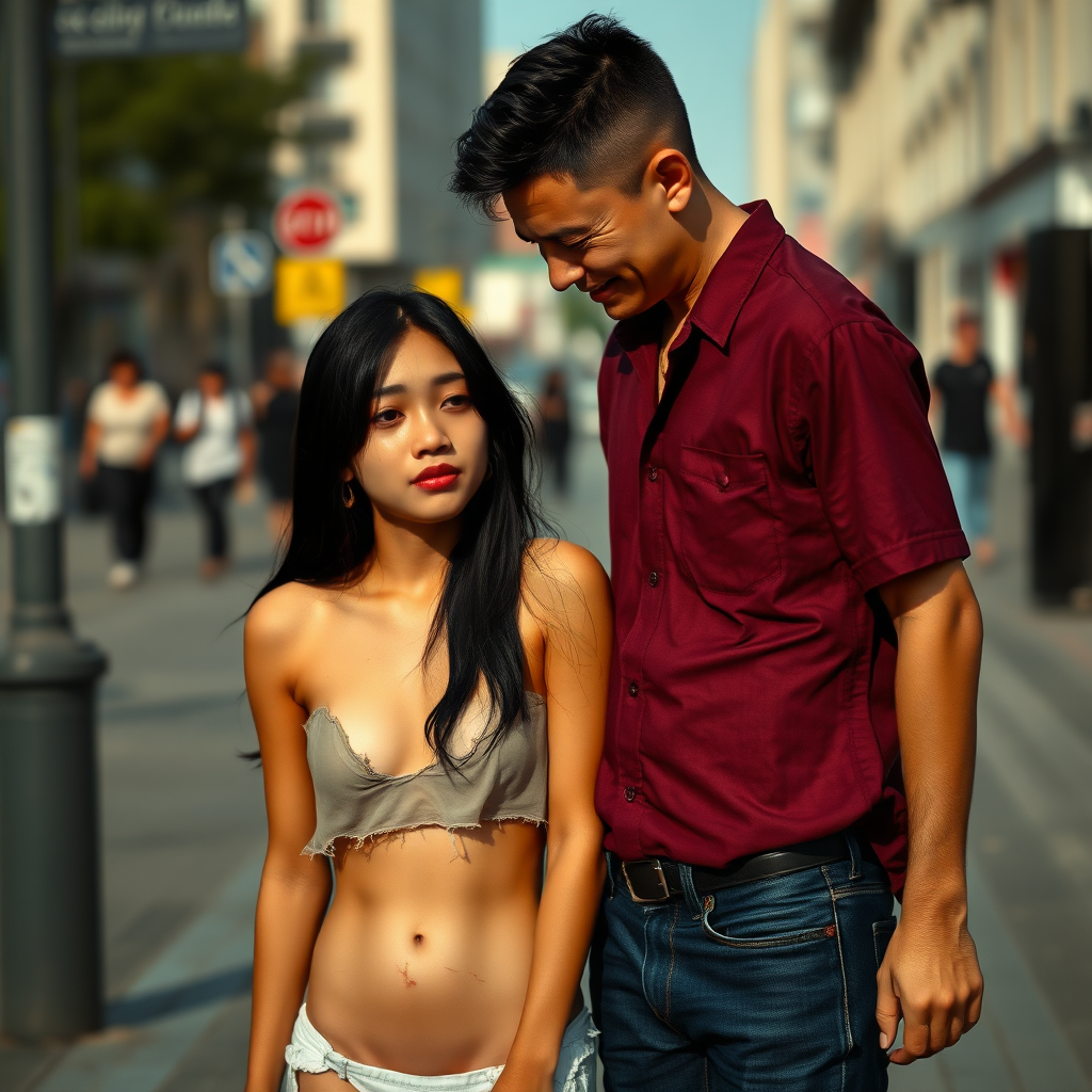 A young loving but unkempt, neglected, homeless, and slightly undernourished Asian woman, with smooth, deep black hair, looks as if she is not from this world and is depicted as a complete person with maximum permissible exposure. She is mostly portrayed without clothing because she is slim and has an athletic build. The Asian woman has a very beautiful, normal, youthful yet feminine physique. Her slender figure is enviable! Her sad, hopeless, and mystical expression is meant to dominate the image. Her skin is healthy but impure, as she has not been able to wash for several days. The feeling of shame intensifies due to fear of her potentially unpleasant smell! The Asian woman wears a torn, old, completely transparent, extremely short, and crop top blouse and a completely torn, tattered, thin short bottom. A clear sense of shame is evident on her face. No smile is visible. She is deeply ashamed. She is to be depicted with a small, flat belly button! The belly is always completely visible. She has a noticeable wound on her face and looks as if she is about to cry. She appears pitiful, sad, and utterly hopeless! It seems as though she is afraid of something! She is crying in the end. Beside her stands a 60-year-old German man. The German man looks like he is 45 years old and is a well-groomed man. He looks at the Asian woman as if he is offering her his help. The German man is shaved and slim, has a normal fashionable haircut, and his hair is dark brown. He is wearing a new, nice, but plain burgundy shirt with a subtle pattern and new dark blue jeans. The German man looks sympathetic, smiles slightly, and looks at the Asian woman kindly as if he has great pity for her. The Asian woman cannot look the German man in the eyes due to her shame, but one can assume that she likes him. The weather is hot. The scene takes place in the city.