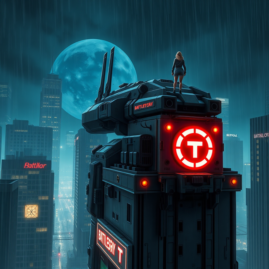 A woman standing on top of a battlemech (nightsky from battletech) (as large as a 5 story building). Modern city, neon sign. Night. Raining.