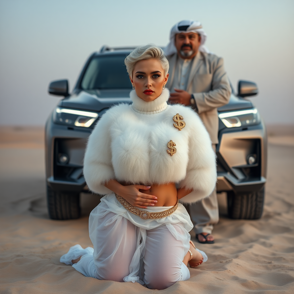 Kuwait desert dunes misty dawn, full size luxury SUV: Melissa, European 17 years old very convincing femboy “trophy-bimbo”, tamed servile docile, very beautiful feminine flawless face, rather short, by hormones very curvaceous womanly figured, platinum blond short tight curls, bold red lips, heavily made-up face, wearing Supertanya-style fluffy very fuzzy bright white angora turtleneck-poncho cropped ending under bust decorated with pearls and gemstones, striking oriental wide gold bridal protection belt, white fully transparent harem pants, full Oriental bridal jewelry including headpiece, nose-ring, coin anklets, striking diamond “$$$” letter brooch on left chest, pout frustrated, hands tied behind back, kneeling in sand in front of SUV, looking at camera. Focus on face and turtleneck-poncho. Standing behind Melissa: older overweight tall proud sheik, approvingly padding Melissa.