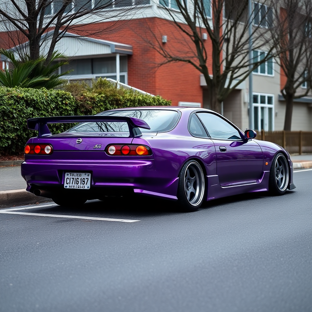 camelonn purple nissan silvia s14 the car is parked on the side of the road, inspired by Taiyō Matsumoto, tumblr, restomod, nd4, c4 cold colors