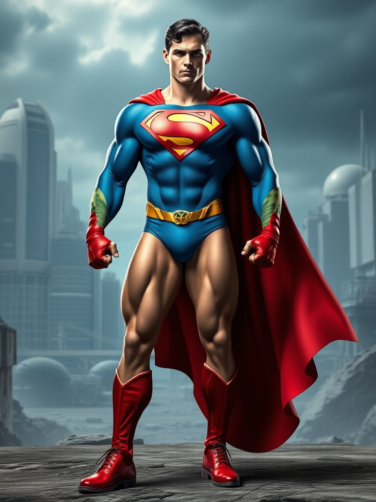 Full-body portrait of Superman with Cammy's physique: muscular legs, toned arms, athletic build. Superman's original head and face. Torso modified: slim waist, defined abs. Classic Superman costume with additions: blue leotard, red boots, cape. Incorporate Cammy-inspired elements: green camouflage patterns, red gauntlets, white trim. Retain Superman's 'S' emblem. Pose: dynamic fighting stance. Background: futuristic cityscape meets military base. Lighting: dramatic, emphasizing muscle definition. Style: hyper-realistic comic book art. Focus on seamlessly blending Superman's iconic look with Cammy's physical traits and costume details. Ensure proportions are anatomically correct, showcasing the unique fusion of these characters.