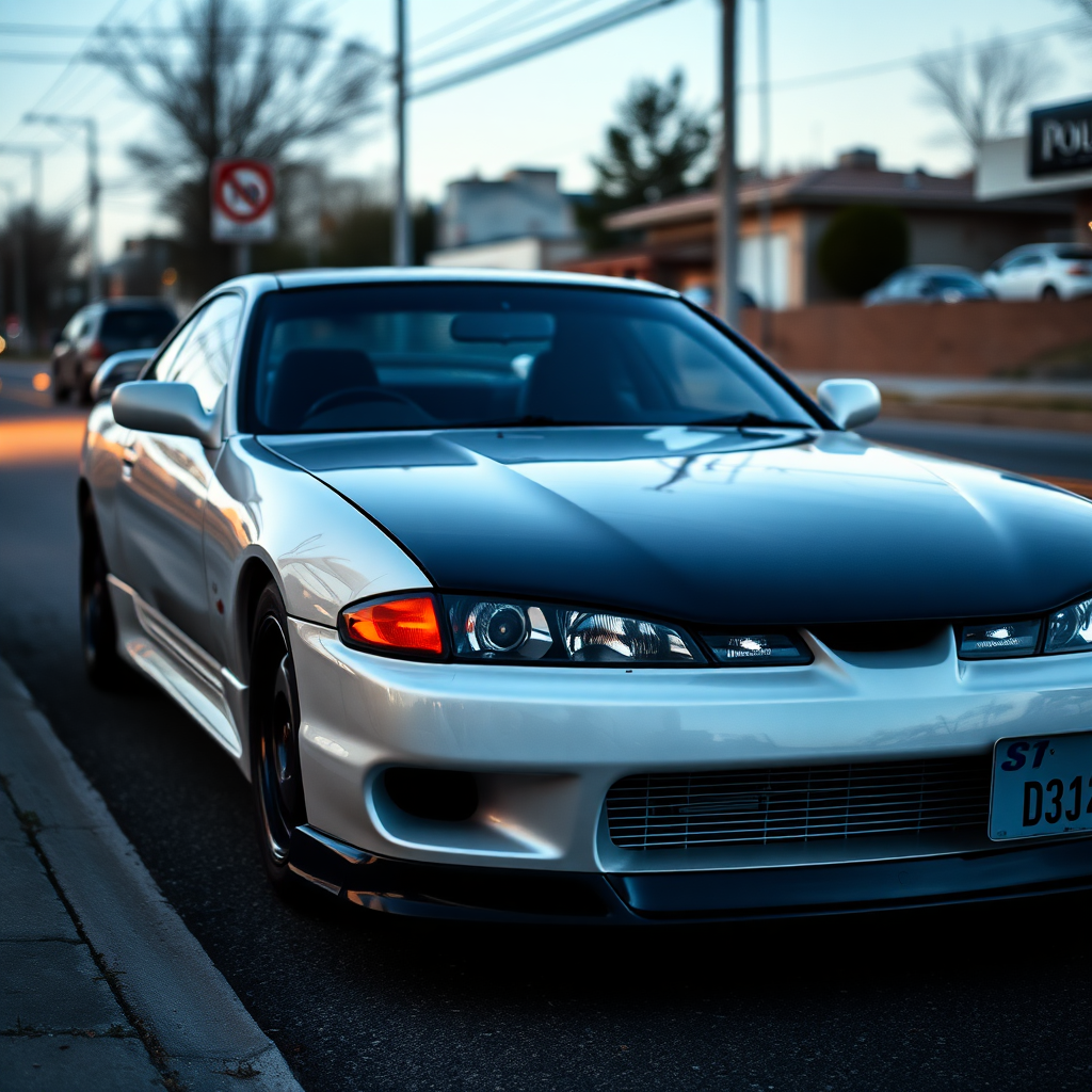 Nissan Silvia S14 the car is parked on the side of the road, inspired by Taiyō Matsumoto, tumblr, restomod, nd4, c4