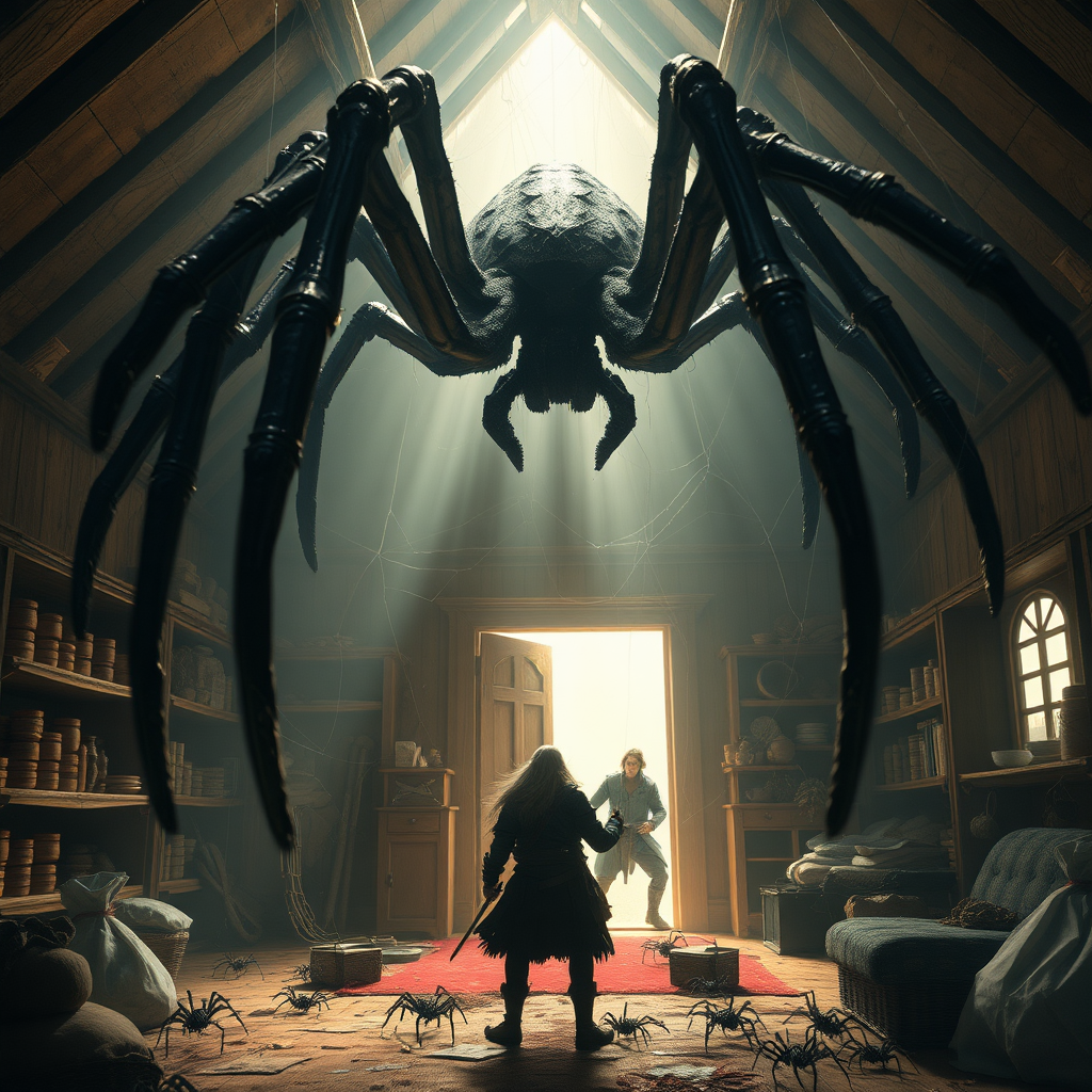 a spider queen as big as a large dog, the bright attic of a farmhouse, and several adventurers getting stabbed by sharp legs. One adventurer fleeing through a doorway only to be caught by webs. shelves knocked over with goods spilled. digital matte painting. smaller spider swarms everywhere.