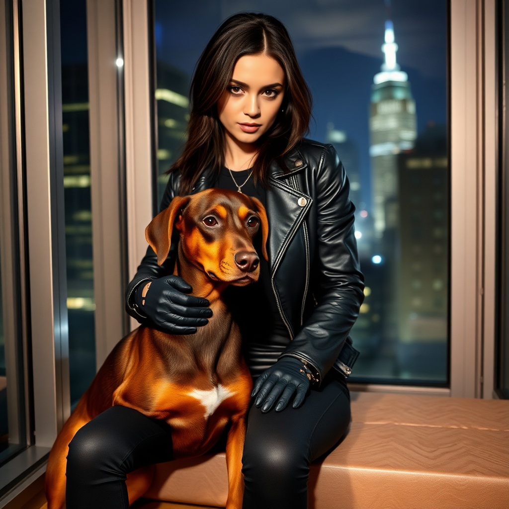 A beautiful tough thief girl in black leather jacket over black t-shirt with black tight jeans and gloves stroking a dobermann dog sitting in a Manhattan penthouse at night.