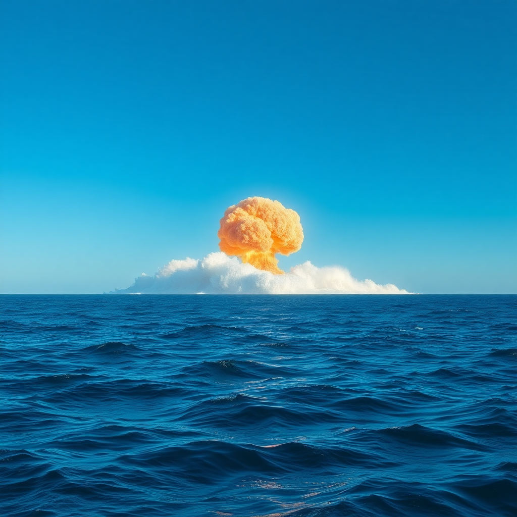 Create a photorealistic image of a vast, open ocean with gentle waves. The sky is clear and blue. In the background, depict a nuclear explosion, with a massive tsunami wave surrounding it, creating a dramatic contrast against the calm sea and sky. Szene show nearly.