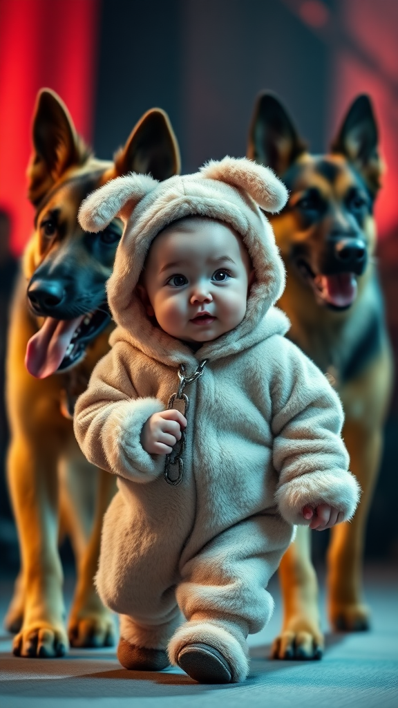 A cute small chubby fair baby with big eyes, pink lips, and pink cheeks, wearing a furry cozy dog costume, doing a ramp walk in a fashion show alongside a real German shepherd dog, with the baby holding the dog's collar chain in a cinematic manner.