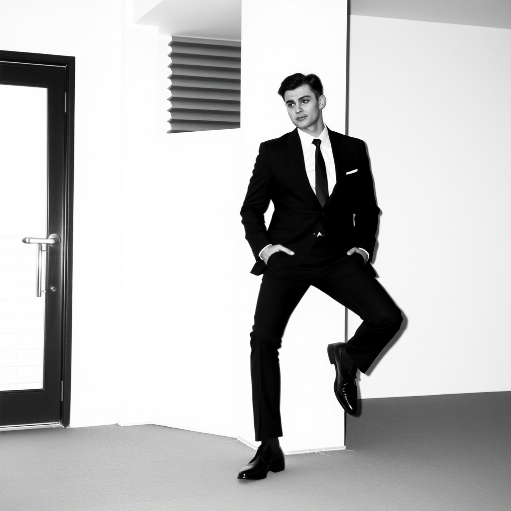 black white 
a attractive man in a suit leaning on a white wall 
90s style