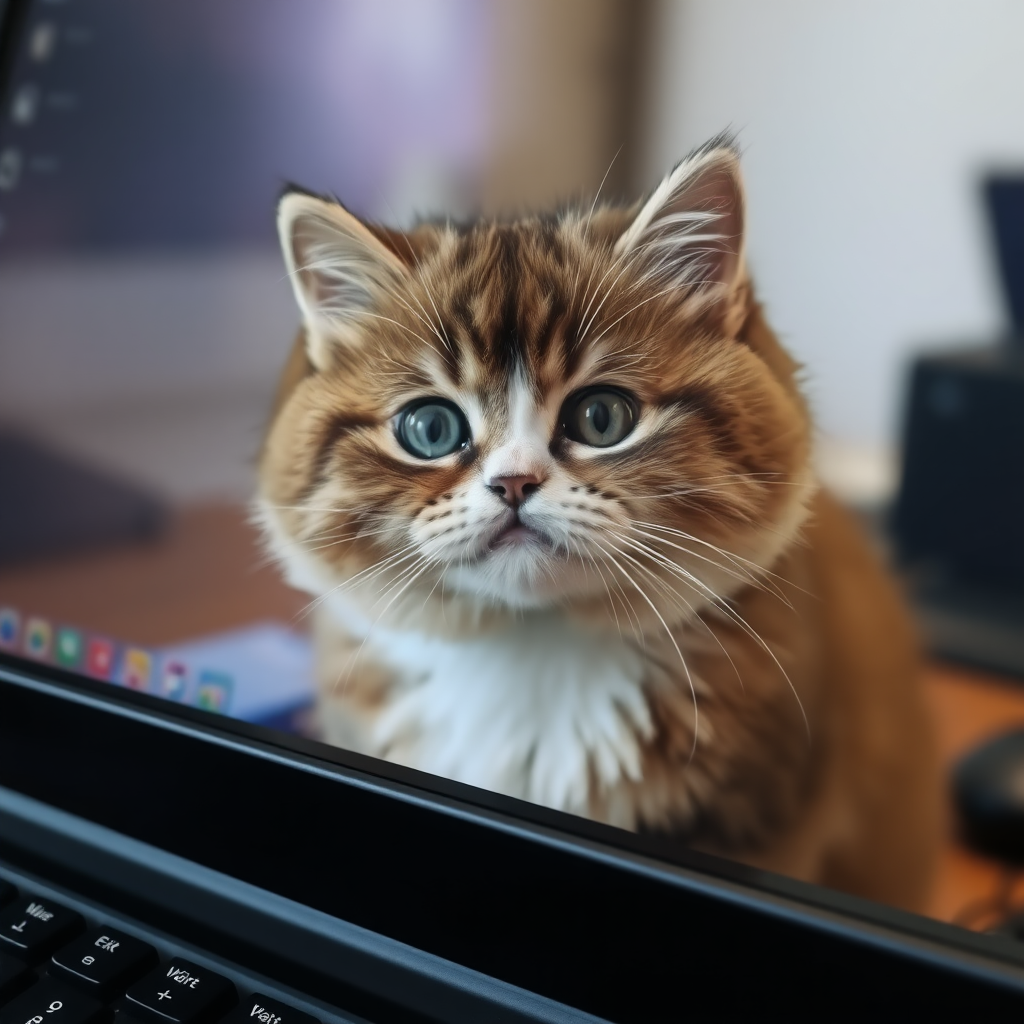 A chubby little cat in the computer screen, so cute.