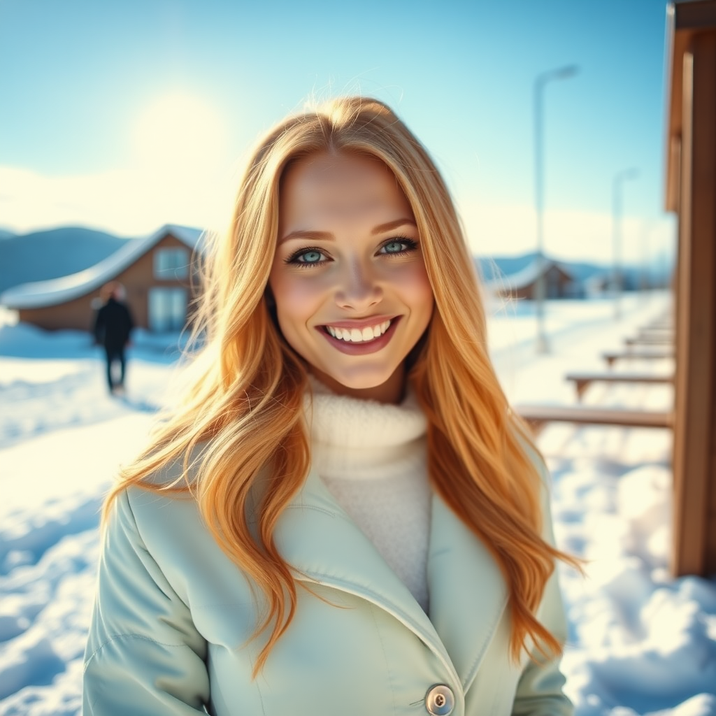 beautiful young woman with lush ginger cherry blonde long hair, full lips, on Alaska Anchorage happy in sunny snow