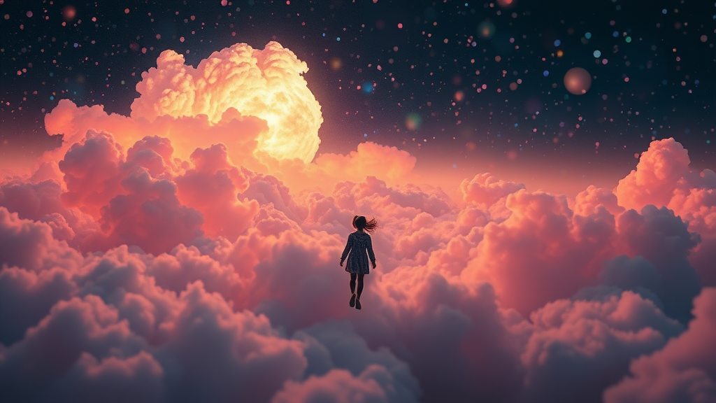 mandelbulb clouds, microscopy, Low Key Lighting, dreamscape, nebula, Bokeh, abstract, brilliant colors, glittering, translucent, iridescent, glowing, artistic photo, panoramic, airy, original, experimental, fractal, generative art, calm, preteen girl floating in the distance