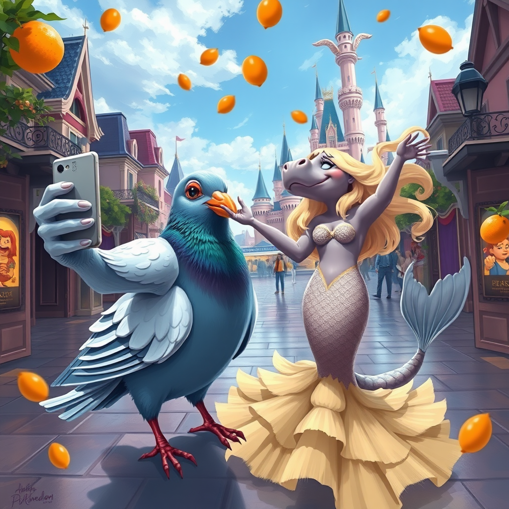 digital painting of a pigeon cinderella taking a selfie in disneyland, a blonde hippo-mermaid dancing, oranges falling from the sky