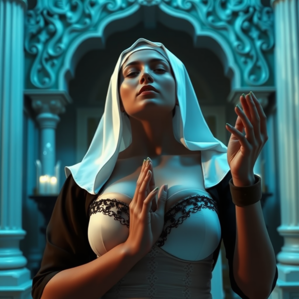 Erotic pornographic picture of a milf nun praying in a temple, big breasts