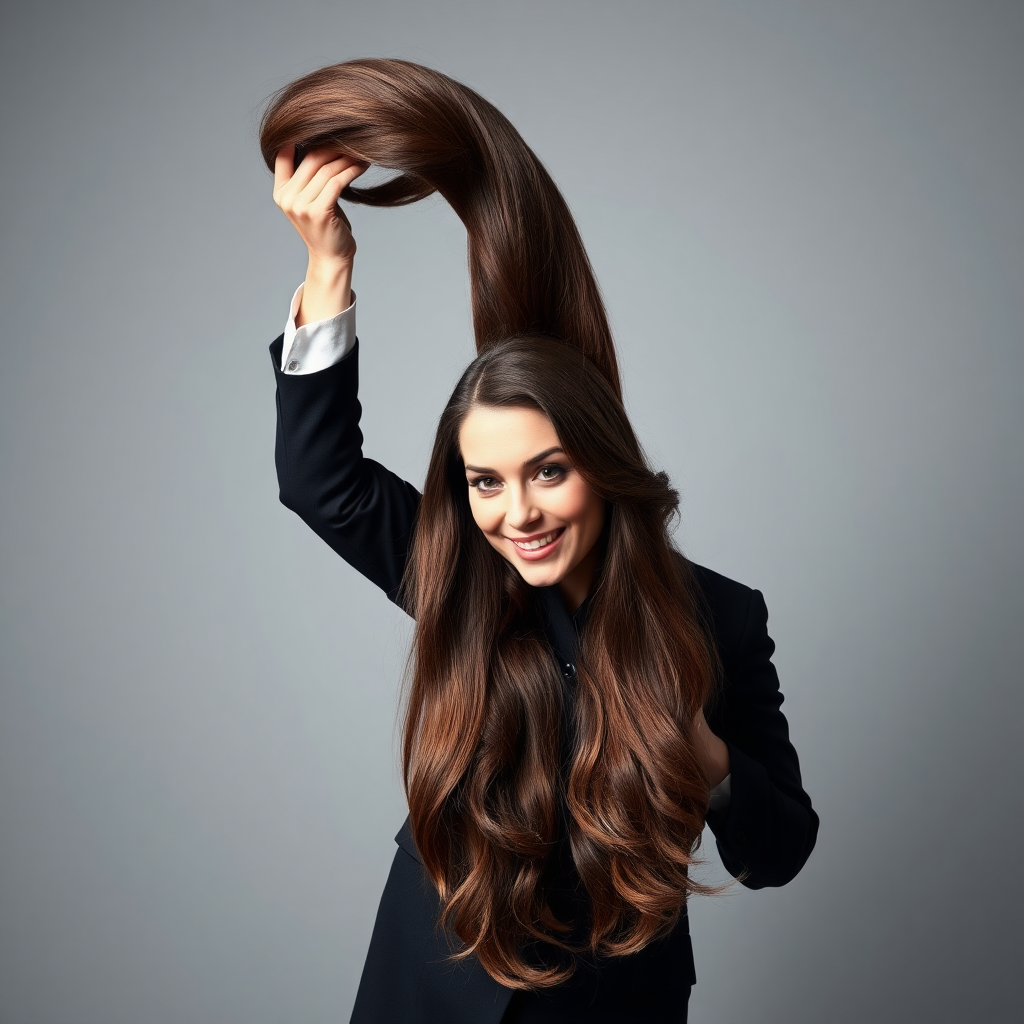 A surreal image of a magician holding up the disembodied head of a very long-haired Kate Middleton. He is grabbing her very long hair and pulling it up high in the air, while her head is hanging by her hair from his grasp to display it to the camera. Plain gray background.