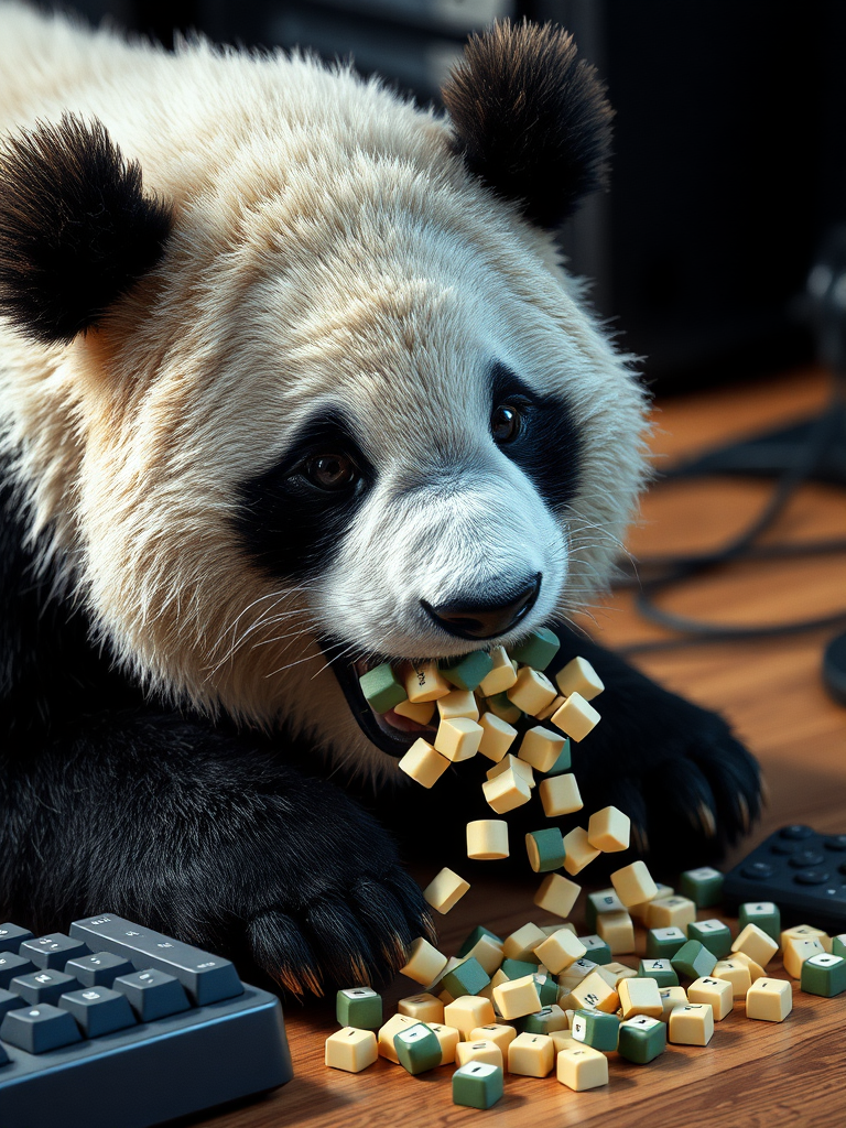 A photo realistic picture of a panda bear eating a computer keyboard. Individual keycaps from the keyboards dropping onto the floor from his mouth.