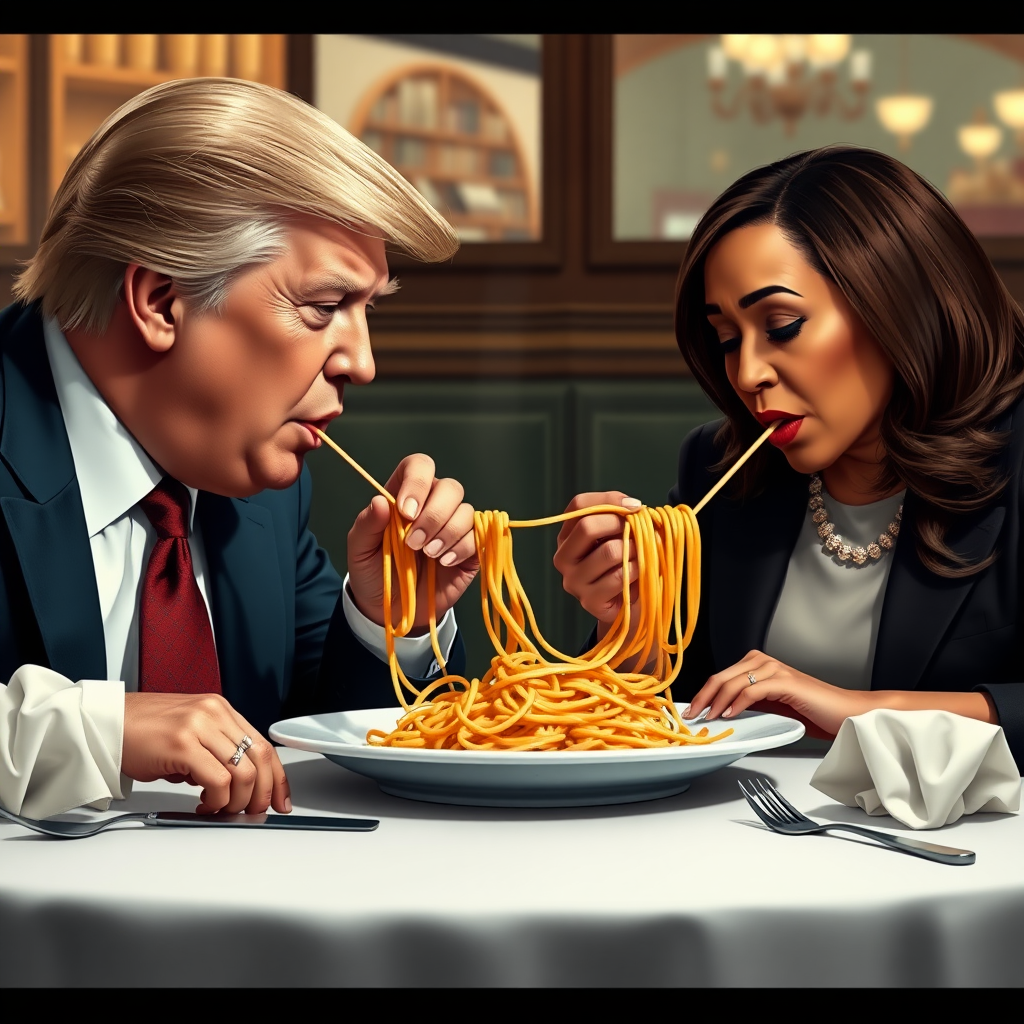 Photoreal style. ratio: 16:9. Donald Trump and Kamala Harris eating in an Italian restaurant a la the one in 'Lady and the Tramp.' Both humans are eating spaghetti from the same plate, and like in the movie, they end up eating the same strand of pasta, making their heads close to each other.