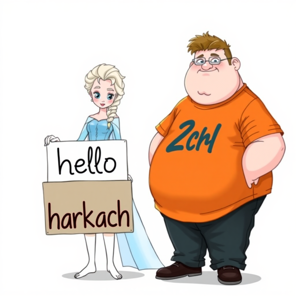 A drawing of Elsa (Frozen) holding a sign that reads "hello harkach", and a very fat dude in an orange shirt, the text on the shirt reads "2ch"