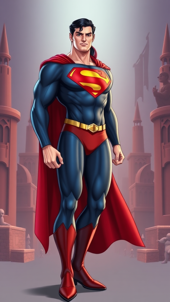 Create a full-length image of Superman, featuring the musculature of Jessica Rabbit and adjusting the body's silhouette to match her curves. Retain Superman's head, hairstyle, and facial features. Add embellishments to his classic costume, altering it to fit the new proportions. Design a background that blends elements from both characters, showcasing iconic attributes that reflect their universes while maintaining harmony and balance in the composition.