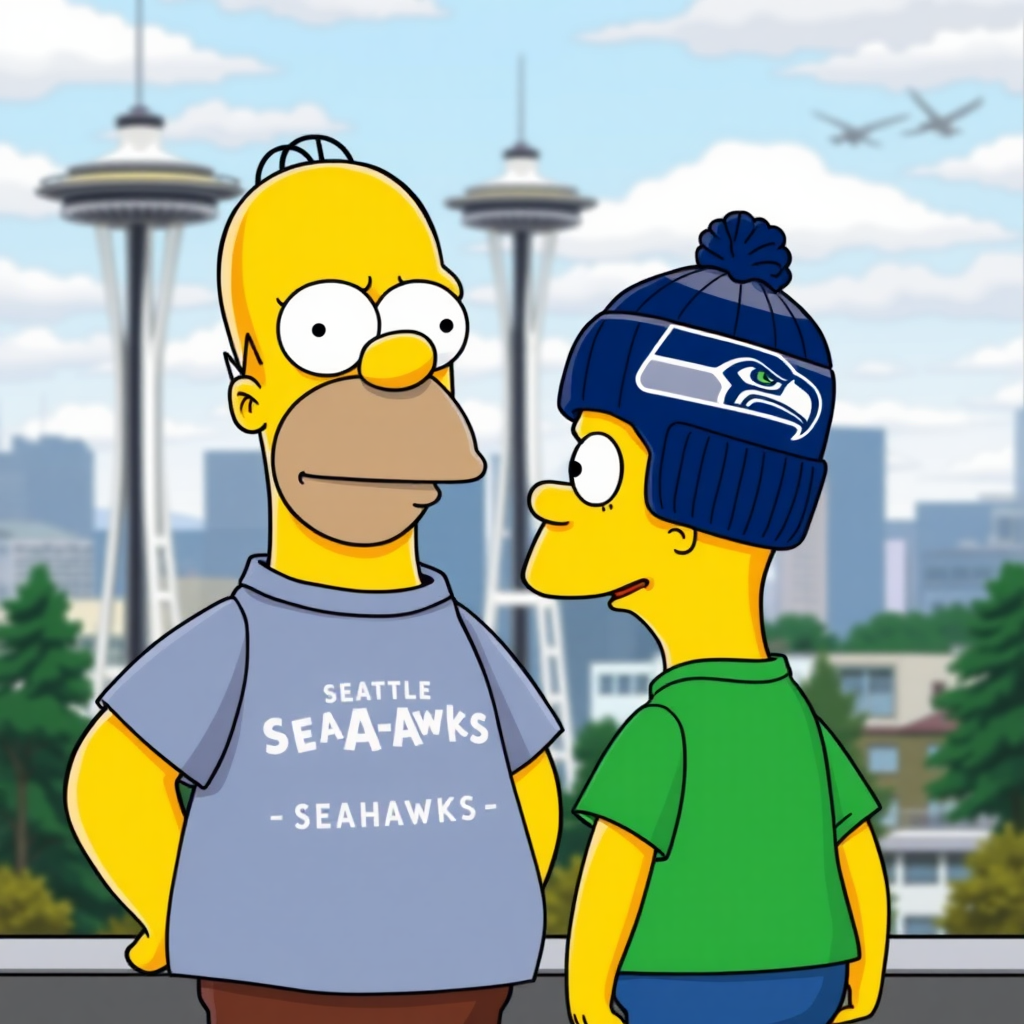 Homer Simpson and Bart Simpson wearing Seattle Seahawks t-shirt and beanie, with the Space Needle in the background.