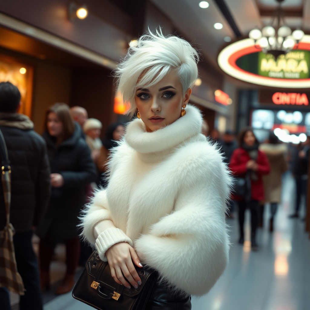 1990 winter evening, crowded cinema lobby: Sam, 19 years old beautiful involuntary femboy, rebellious intractable character, petite boyish figure, platinum blond boyish rebel punk hairstyle, flawless heavily made-up face with sharp arched tattooed eyebrows, wearing Supertanya-style fluffy very fuzzy bright white angora turtleneck-poncho fully covering body and arms, black leather high-heeled thigh-high boots, gold earrings, puzzled alarmed, black leather handbag, pout serious, impatiently waiting for her master. Focus on Sam’s face and turtleneck-poncho.