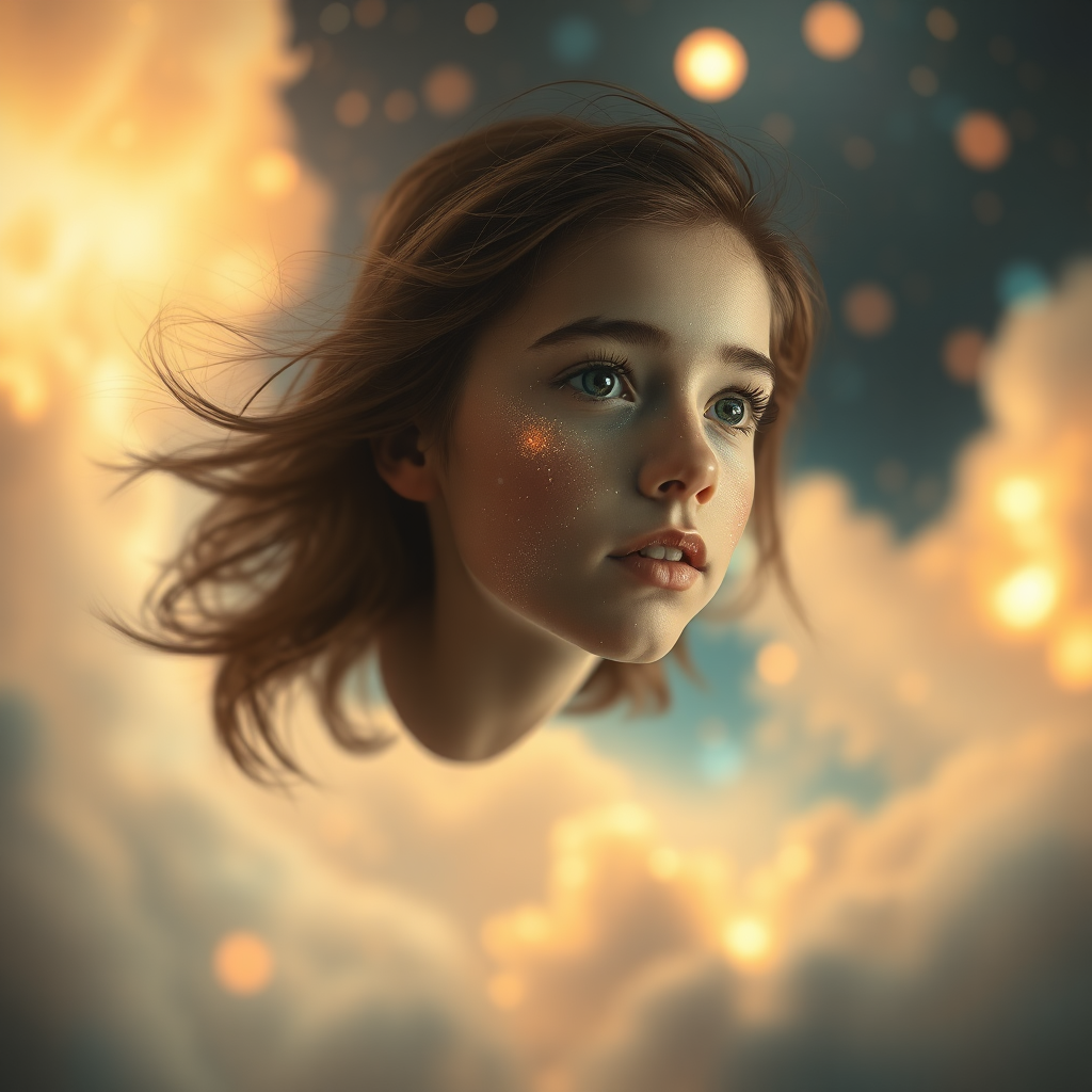 mandelbulb clouds, Low Key Lighting, dreamscape, nebula, Bokeh, abstract, brilliant colors, glittering, translucent, iridescent, glowing, artistic photo, panoramic, airy, original, experimental, fractal, generative art, calm, cinematic shot, opal, gold, preteen girl floating