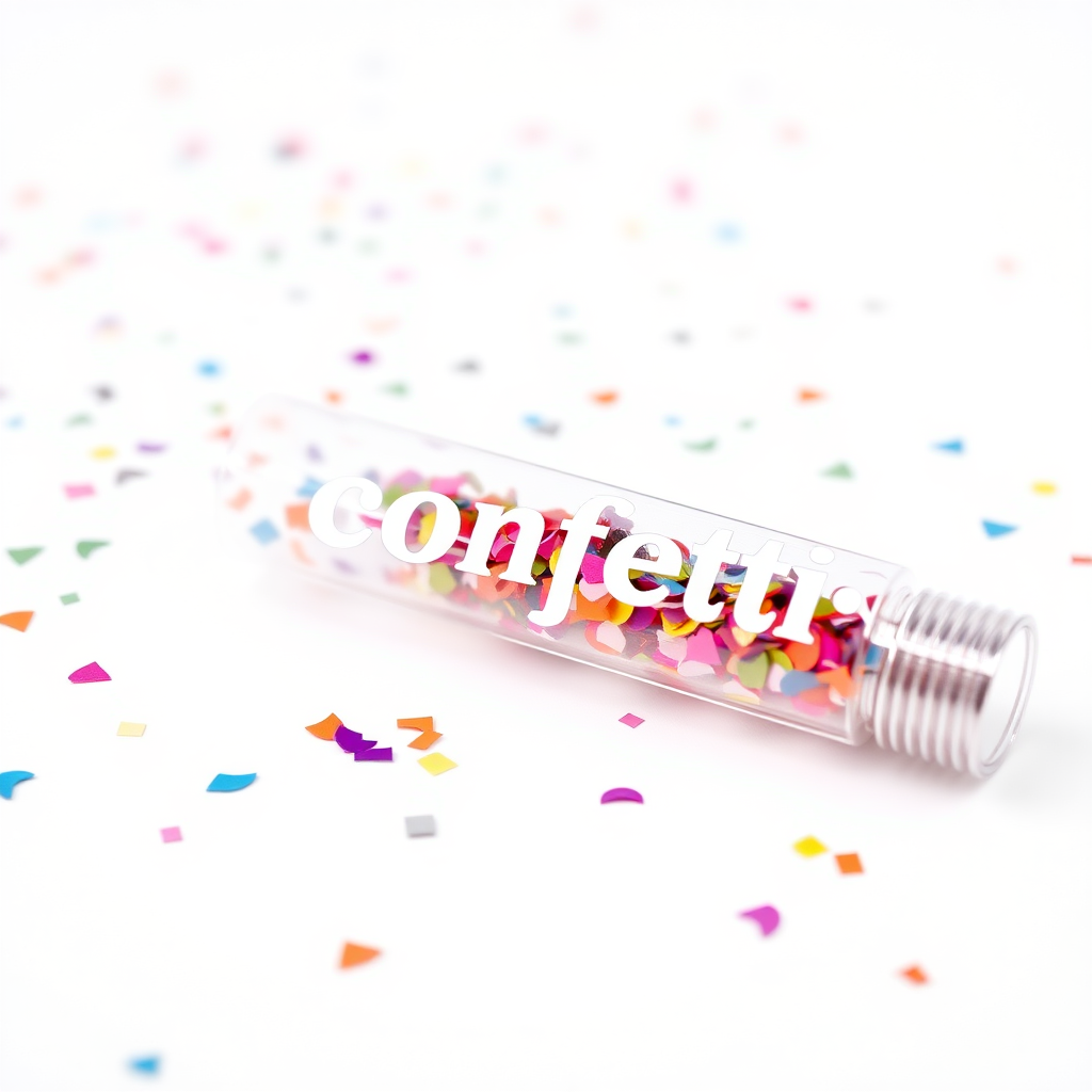 A photo of a fat transparent plain confetti popper tube with confetti inside and with text "confetti" on it, lying flat at an angle, with confetti around it, white background, distant confetti blurred, white bold text with a black border, reflections on glass.