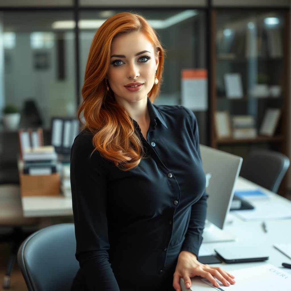 an attractive redhead busty woman in the office