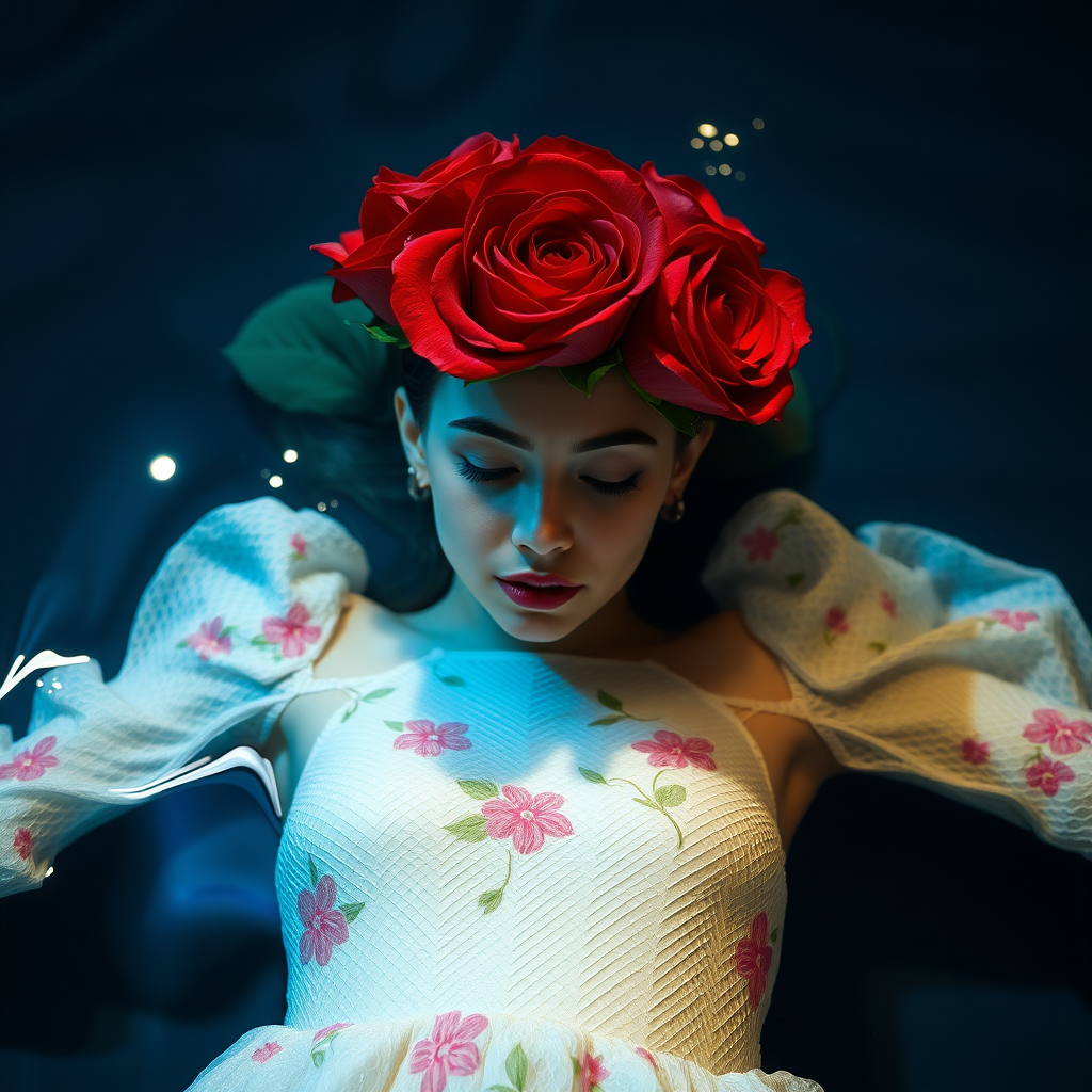 A red rose bouquet head, front view, wearing a white textured dress with pastel minimal floral print design, closeup shot, hyperrealistic, lying inside water with blue and pink effect, nighttime, dark