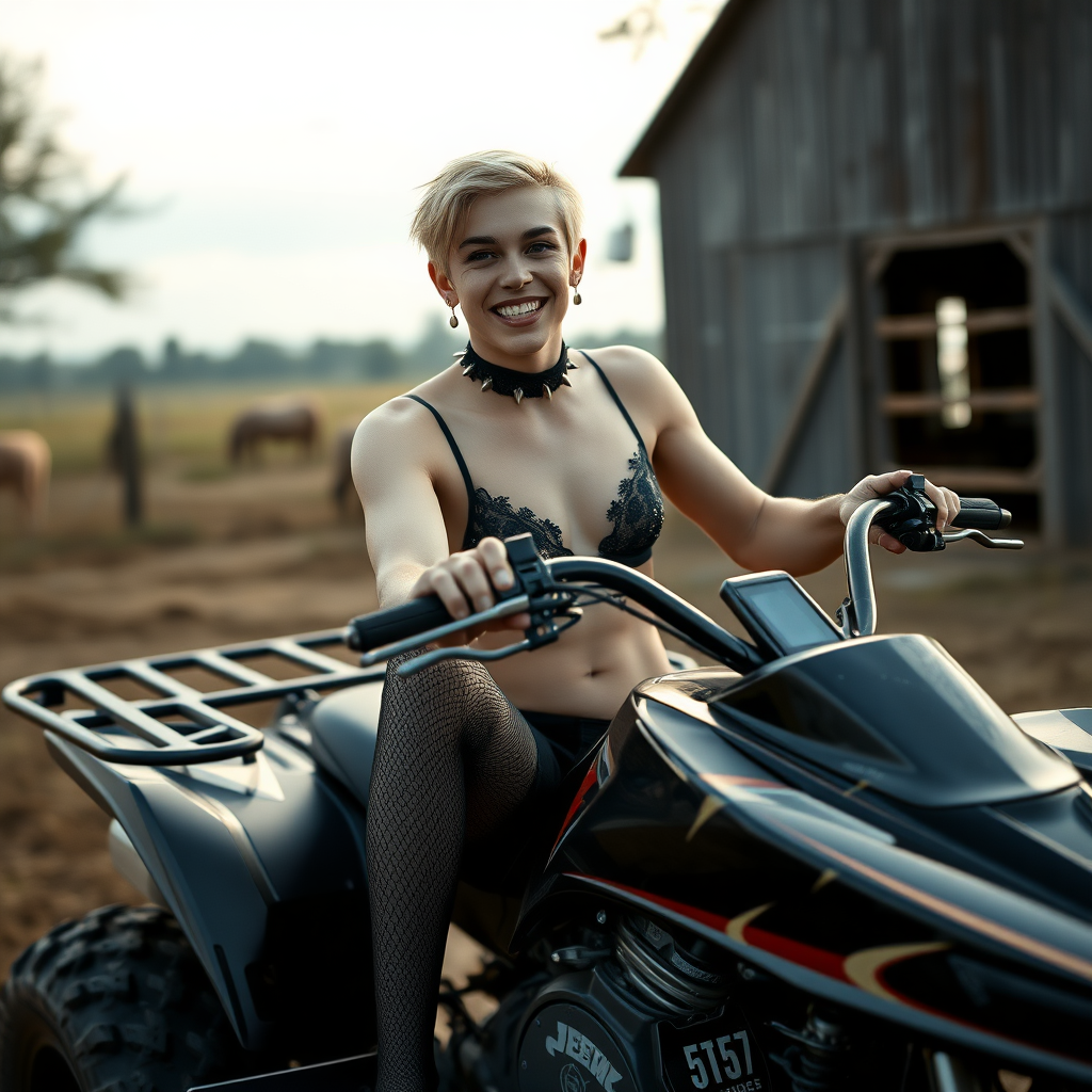 photorealistic, ultra high resolution, 16K, surreal fantasy, soft studio lighting, Caleb Swift is a pretty 16 year old goth male, slim male physique, blonde hair, blue eyes, goth makeup, earrings, sparkling blue-gray pantyhose, black lacy trainer-bra, stilettos, spikey neck collar, riding a quadbike in the farm yard during daytime, excited open mouth smile, bulging male crotch, full body in wide view facing the camera.